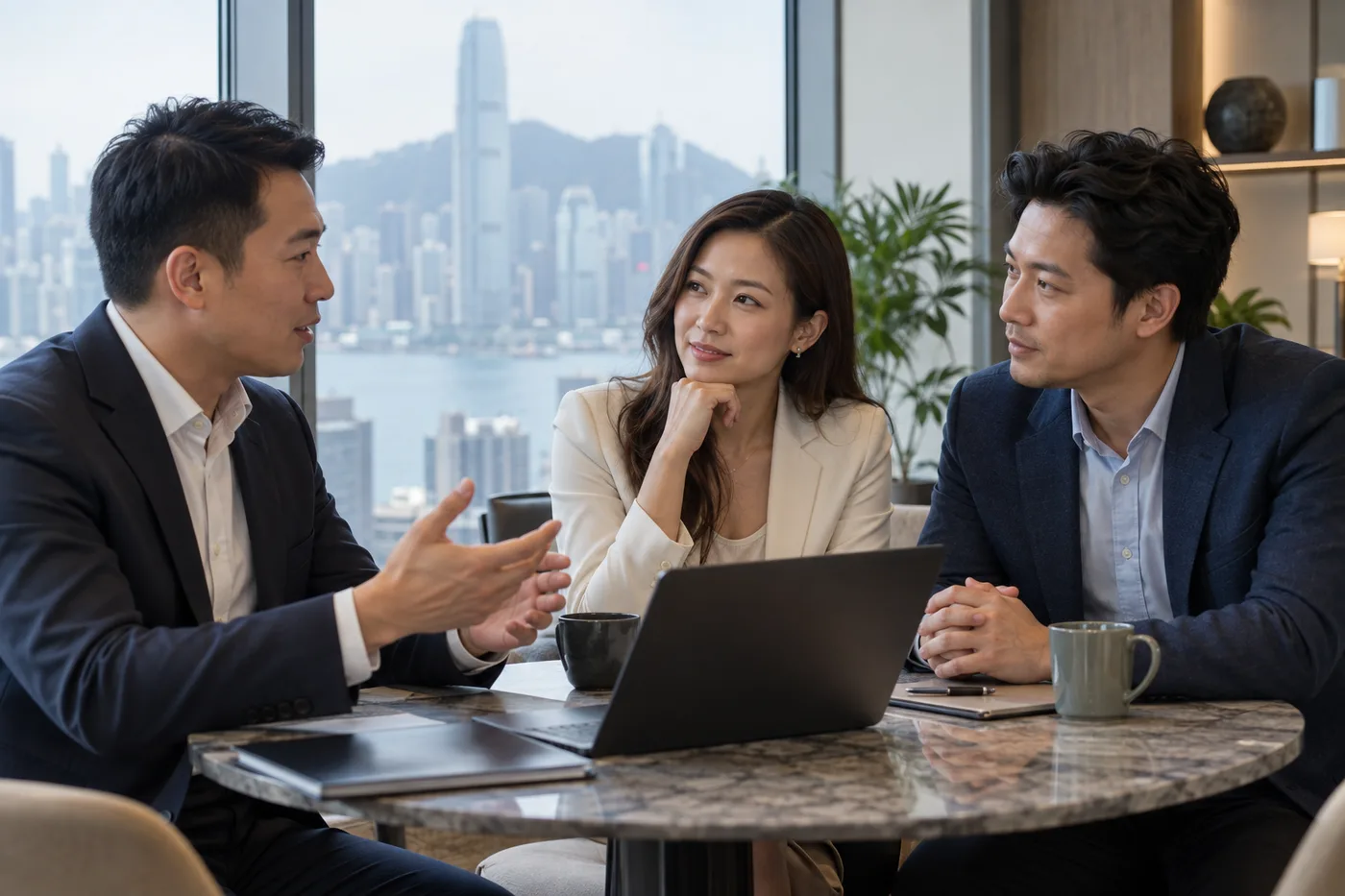 三人討論香港業務收購的示意圖片